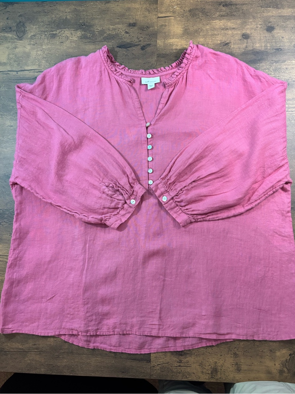 J Jill Pink Henley Peasant Blouse XL 3/4 sleeves 100% Linen Prairie Poet Boho